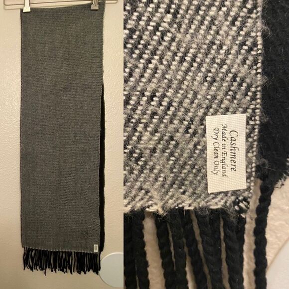 Gray black 100% cashmere made in England fringe scarf 10x66 men’s women’s - Picture 1 of 7